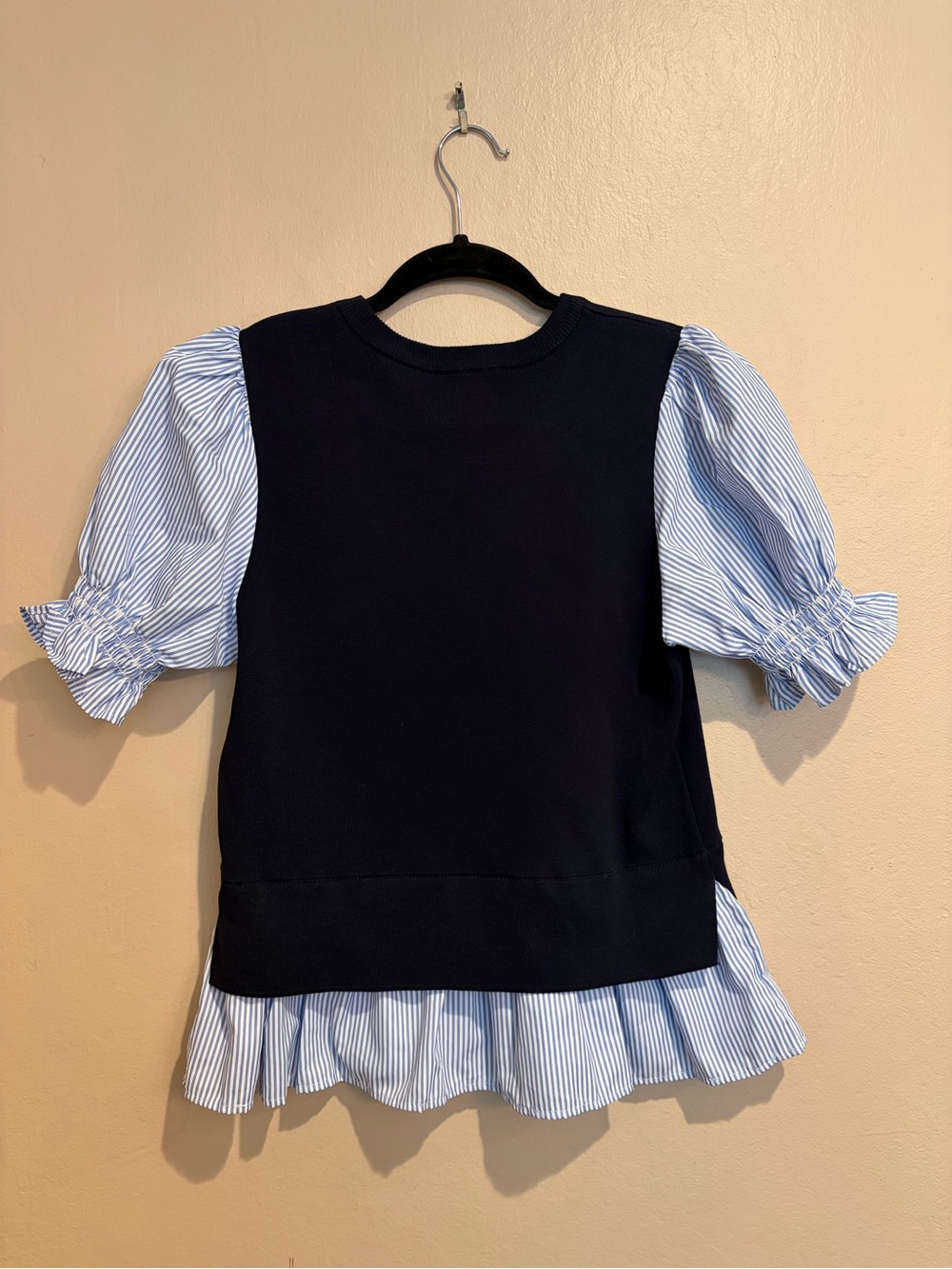 Nanette Lepore Navy Knit Vest w/ Light Blue & White Striped Peek-a-Boo Blouse - Picture 5 of 6